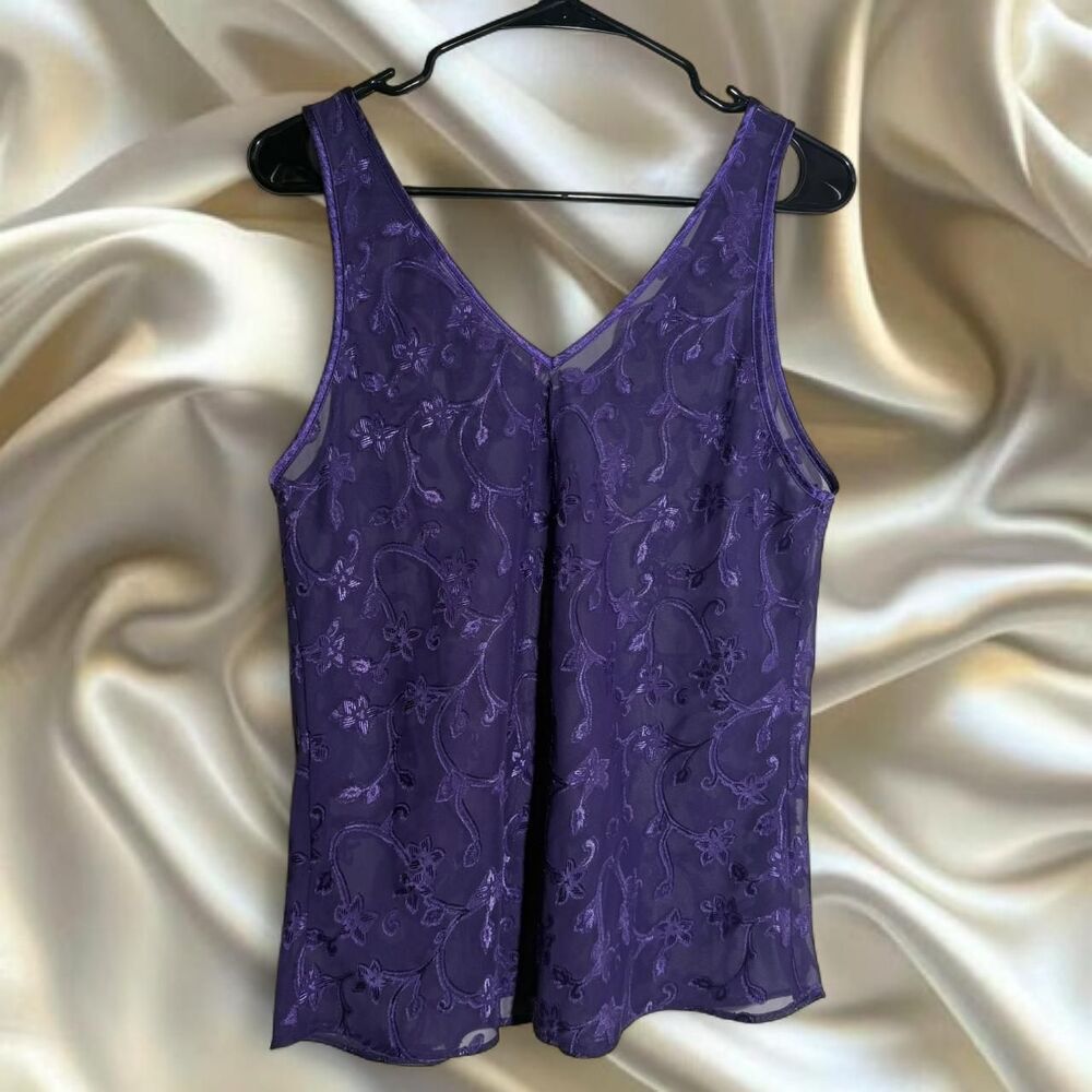 VINTAGE Bisou Bisou sheer purple embroidered lace tank top and shorts PJ set - Picture 2 of 8